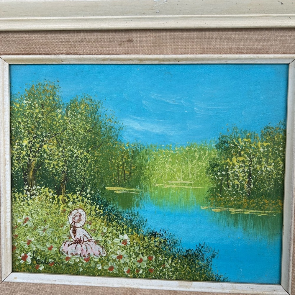 Vintage Landscape Impressionist Oil Painting of a Lady by a Lake. - Picture 3 of 11